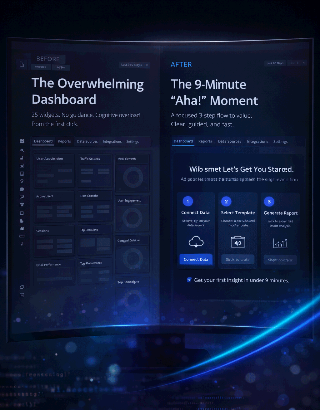 Before and after onboarding simplification for a B2B analytics SaaS product