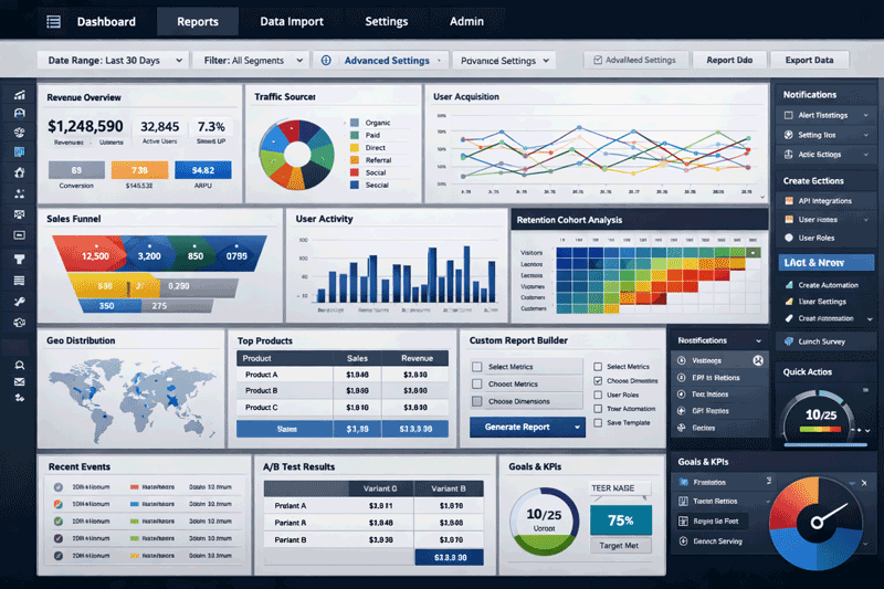 Original dashboard showing dense analytics widgets and high cognitive load