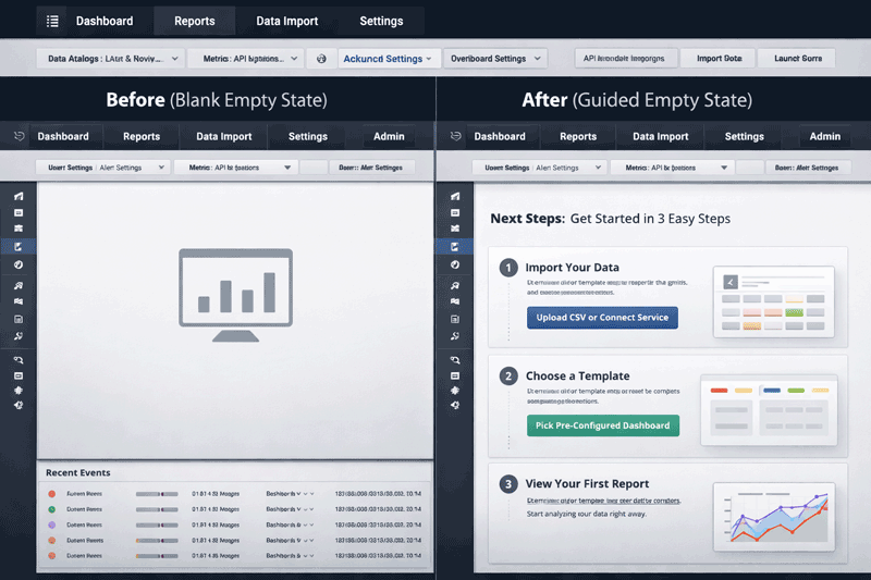Before and after comparison of empty states redesigned as guided onboarding steps