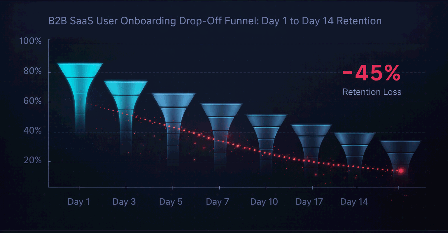 B2B SaaS user onboarding drop-off funnel chart showing Day 1 to Day 14 retention loss